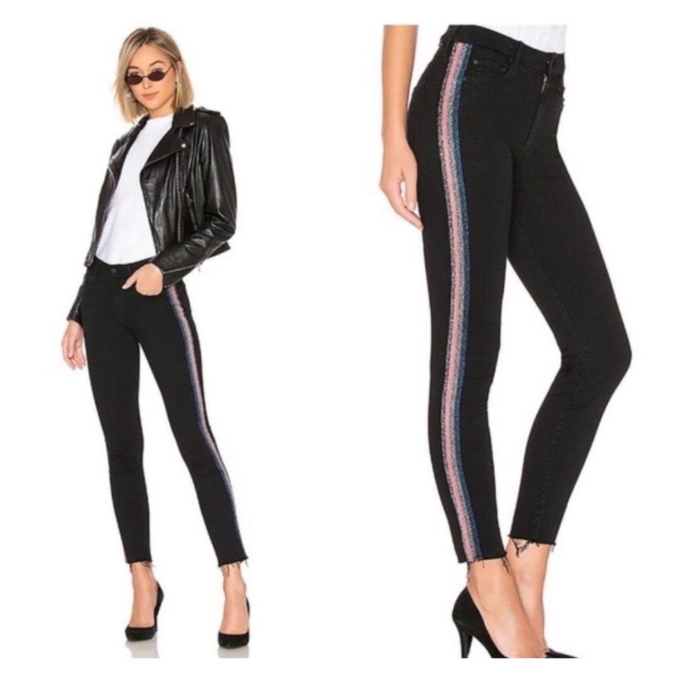 MOTHER The Looker Ankle Fray Guilty Glitter Racer High‎ Waisted Black Jeans
